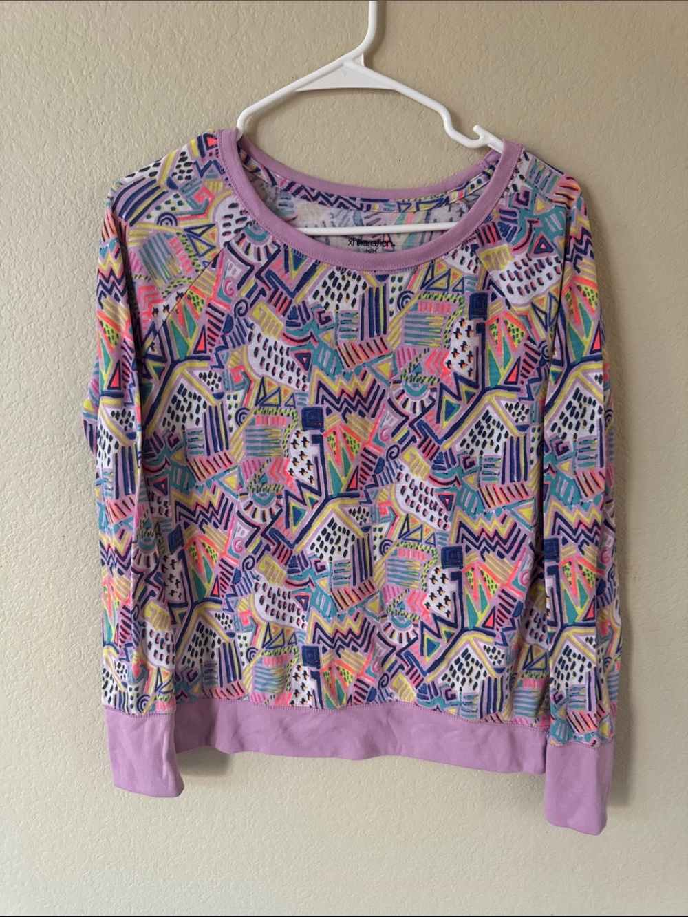 Xhilaration Lavender-Trim Multicolor Geometric Pullover